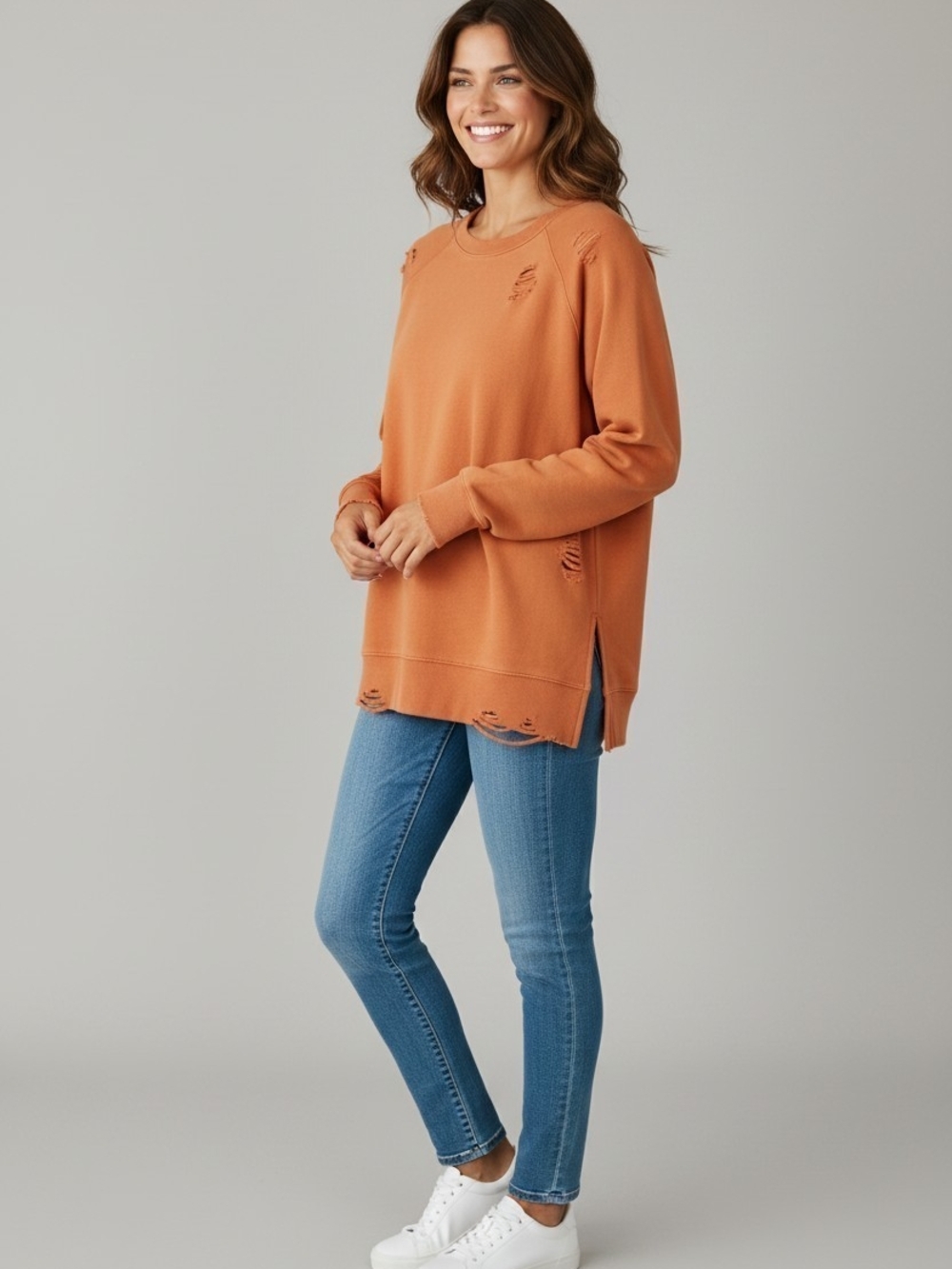 Free People Distressed Crewneck Pullover - Rust Orange